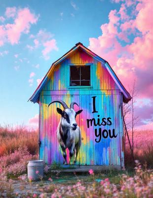 The primary subject of the image is a goat painted on the side of a building. The goat is standing on a colorful background, which includes a pink sky and a yellow house. The visual style of the image is a combination of photo and digital art, creating a unique and eye-catching scene. The colors and mood of the image are vibrant and cheerful, with the goat being the central focus of the artwork.