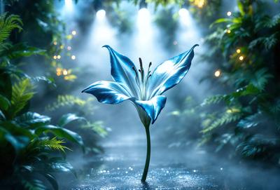 The primary subject of the image is a single blue flower, which is the main focus of the scene. The setting is a forest, with the flower standing in a stream of light. The visual style of the image is a photo, capturing the beauty of the flower in its natural environment. The dominant colors in the image are blue and green, creating a serene and calming atmosphere.