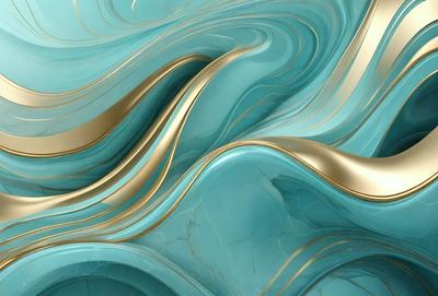 The primary subject of the image is a blue and gold marble wall. The setting is a room with a blue and gold marble wall, which serves as the background. The visual style is a combination of photo and digital art, creating a unique and intricate design. The dominant colors are blue and gold, giving the wall a luxurious and elegant appearance.