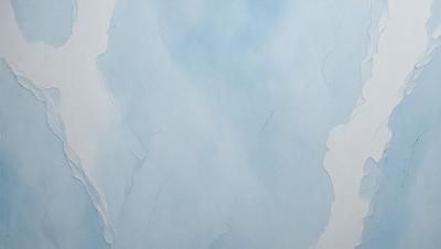 The primary subject of the image is a blue and white painting of a mountain. The setting is a white background, and the visual style appears to be a digital art or illustration. The dominant colors in the painting are blue and white, creating a serene and calming atmosphere.