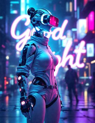 The primary subject of the image is a woman wearing a white suit and a headset, standing in a futuristic city at night. The setting includes a neon-lit cityscape with various signs and lights, creating a vibrant and lively atmosphere. The visual style of the image is a combination of photo and digital art, giving it a unique and captivating appearance. The colors and mood of the image are predominantly blue and purple, which are often associated with futuristic and technological themes.