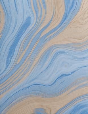 The primary subject of the image is a blue and brown swirling pattern, which appears to be a wood grain texture. The setting is a wooden surface, and the visual style is a close-up of the pattern. The dominant colors are blue and brown, creating a warm and natural atmosphere.
