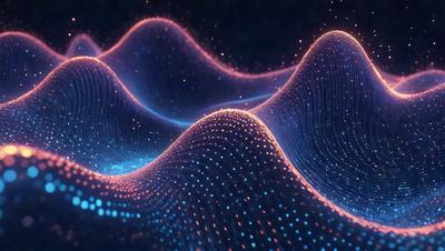 The primary subject of the image is a series of blue and purple waves, which are the main objects in the scene. The setting is a dark background, which contrasts with the bright colors of the waves. The visual style of the image is a digital art or illustration, as it features a pattern of blue and purple dots that create the illusion of waves. The colors and mood of the image are vibrant and energetic, with the blue and purple waves giving off a sense of movement and dynamism.