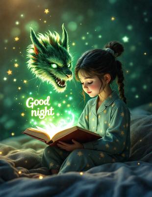 The primary subject of the image is a young girl sitting on a bed, reading a book. The setting is a cozy bedroom, with a bed visible in the background. The visual style is a combination of digital art and illustration, creating a whimsical and imaginative atmosphere. The colors are predominantly green and blue, which adds to the overall mood of the scene.