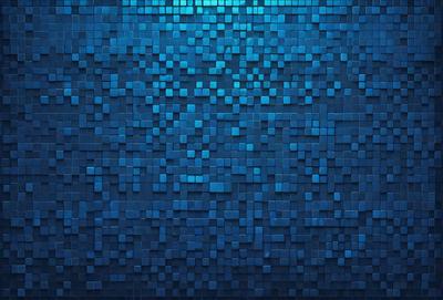 The primary subject of the image is a blue tile wall with a pattern of blue squares. The setting is a room with a blue tile wall as the main focus. The visual style is a digital art or illustration, as the blue squares are arranged in a visually appealing manner. The dominant colors are blue, creating a calm and soothing atmosphere.
