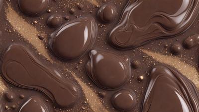 The primary subject of the image is a close-up of chocolate drizzled on a surface, possibly a cake or a dessert. The setting is a table with a patterned surface, and the visual style appears to be a close-up photo of the chocolate. The colors and mood of the image are predominantly brown and rich, creating a sense of indulgence and luxury.