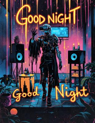 The primary subject of the image is a person wearing a black outfit and a VR headset, standing in a room with a TV in the background. The setting appears to be a futuristic or technological environment. The visual style is a digital art or illustration, with a vibrant and colorful atmosphere. The dominant colors include blue, red, and orange, creating a lively and energetic mood.