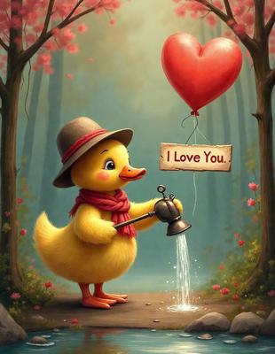 The primary subject of the image is a cartoon duck, which is wearing a hat and scarf. The duck is holding a balloon with the words "I love you" written on it. The setting is a forest, with trees visible in the background. The visual style is a digital art illustration, giving the image a whimsical and playful appearance. The colors are predominantly shades of green, brown, and red, creating a warm and inviting atmosphere.