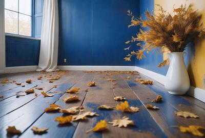 The primary subject of the image is a wooden floor covered in leaves. The setting is a room with a blue wall, and the visual style appears to be a photo. The dominant colors are blue and yellow, creating a warm and inviting atmosphere.