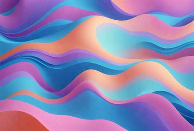 The primary subject of the image is a colorful, abstract artwork featuring a series of swirling, curved lines in various shades of blue, purple, and pink. The setting is a wall, and the visual style appears to be a combination of digital art and illustration. The dominant colors and overall atmosphere of the artwork are vibrant, energetic, and visually appealing.