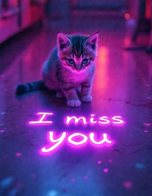 The primary subject of the image is a small kitten sitting on a pink surface. The setting appears to be a room with a pink floor, and the visual style is a combination of a photo and digital art. The dominant colors in the image are pink and purple, creating a warm and cozy atmosphere.