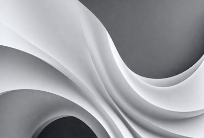 The primary subject of the image is a large, white, curved structure that resembles a wave or a sculpture. The setting is a gray background, which contrasts with the white structure. The visual style appears to be a combination of digital art and illustration, creating a unique and artistic representation of the wave. The colors and mood of the image are predominantly white, giving it a clean and minimalist appearance.