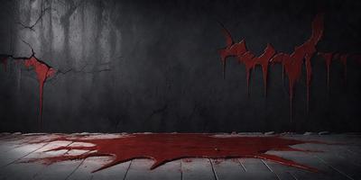 The primary subject of the image is a red substance, possibly blood, spreading across a wooden floor. The setting is a black wall, which serves as the background. The visual style appears to be a combination of a photo and a digital art or illustration, as the red substance is depicted in a somewhat surreal manner. The dominant colors are red and black, creating a dramatic and intense atmosphere.