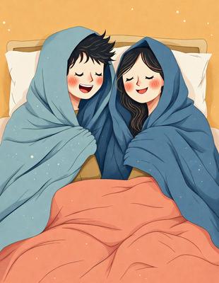 The image features a cartoon illustration of a man and a woman lying in bed, both wearing blue blankets. The man is on the left side of the bed, while the woman is on the right side. They are both smiling and appear to be enjoying their time together. The scene is set in a cozy and comfortable environment, with the bed being the main focus of the image. The illustration is a digital art piece, showcasing a playful and lighthearted atmosphere.