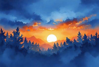 The primary subject of the image is a beautiful sunset, with the sun setting behind a mountain range. The setting is a forest filled with trees, creating a serene and picturesque scene. The visual style of the image is a watercolor painting, which adds a sense of depth and natural beauty to the scene. The dominant colors in the image are shades of orange, red, and blue, which are commonly associated with sunsets. The overall atmosphere of the painting is one of tranquility and awe, as the sun sets behind the majestic mountain range.