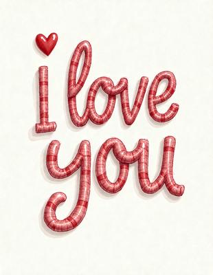 The primary subject of the image is a heart-shaped sign that says "I love you." The setting is a white background, and the visual style is a digital art or illustration. The colors are predominantly red and white, creating a warm and affectionate atmosphere.