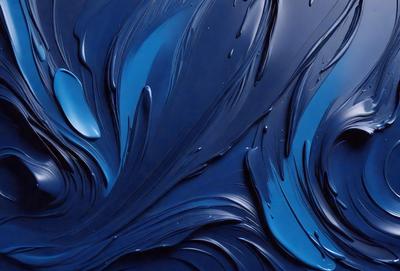 The primary subject of the image is a blue, swirling, and flowing substance, which appears to be a liquid or a viscous material. The setting is a dark background, which contrasts with the blue substance. The visual style of the image is a close-up, focusing on the intricate details of the blue substance. The colors and mood of the image are predominantly blue, creating a sense of depth and movement.