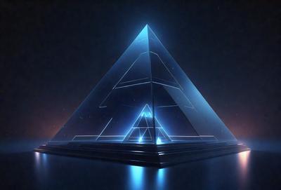 The primary subject of the image is a large, three-sided pyramid with a blue glow. The setting is a dark, starry night, creating a mysterious and atmospheric backdrop. The visual style is a digital art or illustration, with the pyramid appearing as a futuristic, geometric structure. The colors and mood of the image are predominantly blue, with the glowing pyramid standing out against the dark, starry sky.