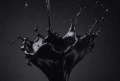 The primary subject of the image is a black liquid, possibly ink or paint, splashing onto a surface. The setting is a dark background, which contrasts with the black liquid. The visual style appears to be a close-up of the splashing liquid, with a focus on the details of the droplets. The colors and mood of the image are predominantly dark, with the black liquid being the most prominent element.