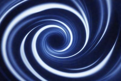 The primary subject of the image is a spiral pattern, which is a blue swirl. The setting is a dark background, and the visual style appears to be a digital art or illustration. The dominant colors are blue and black, creating a mood of depth and intrigue.