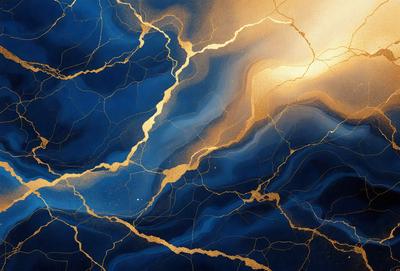 The primary subject of the image is a blue and gold painting of a cracked, shattered surface. The setting is a blue background, and the visual style appears to be a digital art or illustration. The dominant colors are blue and gold, creating a sense of depth and complexity in the painting.