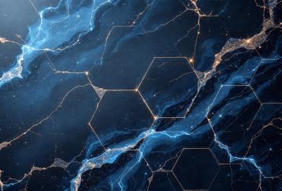 The primary subject of the image is a blue and black background with a pattern of hexagons. The setting is a dark, starry night, with the stars creating a sense of depth and mystery. The visual style is a combination of digital art and illustration, creating a unique and captivating scene. The colors and mood are predominantly dark and moody, with the blue and black hexagons contrasting against the starry background.