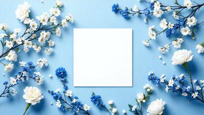 The primary subject of the image is a white square, which is placed in the center of a blue background. The setting is a flower-filled garden, with the flowers surrounding the white square. The visual style is a combination of photo and digital art, creating a unique and artistic representation of the scene. The colors and mood of the image are predominantly blue, with the white square adding a touch of contrast and simplicity to the overall atmosphere.