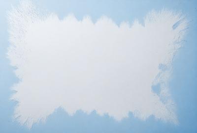 The primary subject of the image is a large, white canvas with a blue background. The setting is a blank wall, and the visual style appears to be a painting or drawing. The colors and mood of the image are predominantly blue, creating a calm and serene atmosphere.