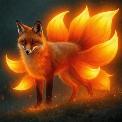 The primary subject of the image is a fox with a flaming orange tail. The fox is standing in a grassy area, and its tail is glowing with a bright orange light. The setting appears to be a forest or a grassy field, and the visual style is a combination of photo and digital art. The colors and mood of the image are vibrant and lively, with the orange tail creating a striking contrast against the natural surroundings.