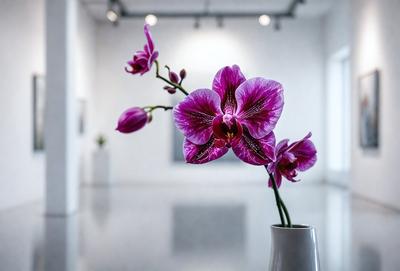 The primary subject of the image is a vase filled with purple orchids. The vase is placed on a table, and the orchids are arranged in a visually appealing manner. The setting is a room with a white wall, which provides a clean and minimalistic backdrop for the orchids. The visual style of the image is a close-up of the vase and the orchids, highlighting their beauty and details. The colors and mood of the image are predominantly purple, creating a serene and elegant atmosphere.