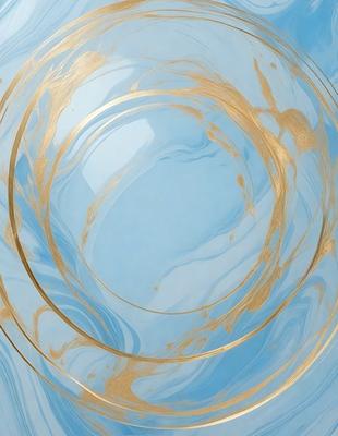 The primary subject of the image is a large, circular glass bowl with a gold rim. The bowl is filled with a blue liquid, giving it a vibrant and colorful appearance. The setting is a blue background, which complements the gold rim and blue liquid in the bowl. The visual style of the image is a combination of photo and digital art, creating a unique and eye-catching design. The colors and mood of the image are lively and energetic, with the blue liquid and gold rim creating a sense of depth and dimension in the bowl.