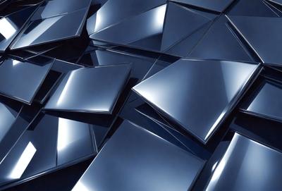 The primary subject of the image is a large number of shiny, metallic, blue triangles. These triangles are arranged in various positions, creating a visually striking pattern. The setting is a dark background, which contrasts with the bright blue triangles, making them stand out even more. The visual style of the image is a combination of photo and digital art, as the triangles appear to be a part of a larger, intricate design. The colors and mood of the image are predominantly blue, giving it a cool and modern feel.