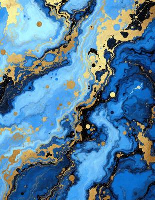 The primary subject of the image is a blue and gold painting featuring a swirling design. The setting is a blue background, and the visual style appears to be a combination of digital art and illustration. The dominant colors are blue and gold, creating a sense of depth and richness in the painting.