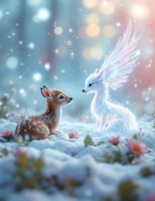 The primary subject of the image is a deer and a white bird, likely a foal and a swan, sitting in the snow. The setting is a snowy environment, with the deer and the bird sitting on the snow. The visual style of the image is digital art, as it appears to be a painting or drawing of the two animals. The colors and mood of the image are predominantly white and cold, as the animals are surrounded by snow.