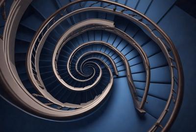 The primary subject of the image is a spiral staircase with a blue background. The staircase is made of metal and has a spiral pattern. The setting is an indoor space, possibly a building or a museum. The visual style is a close-up of the spiral staircase, showcasing its intricate design. The colors and mood of the image are predominantly blue, giving it a calm and serene atmosphere.