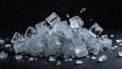 The primary subject of the image is a pile of ice cubes. The setting is a dark background, which contrasts with the bright white color of the ice cubes. The visual style is a close-up of the ice cubes, showcasing their texture and details. The colors and mood of the image are predominantly white, giving it a clean and cold appearance.