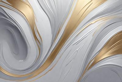 The primary subject of the image is a painting featuring a swirling design with gold and white colors. The setting is a white wall, and the visual style appears to be a combination of digital art and illustration. The dominant colors are gold and white, creating a sense of elegance and sophistication.