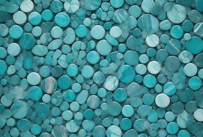 The primary subject of the image is a blue and white patterned wallpaper with a blue background. The setting is a room with a blue and white tiled wall. The visual style is a close-up of the wallpaper, showcasing the intricate design. The colors and mood of the image are predominantly blue, creating a calm and soothing atmosphere.