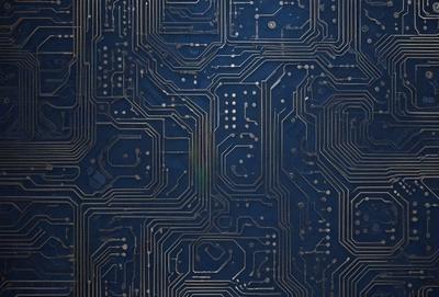 The primary subject of the image is a close-up of a computer circuit board. The setting is a blue background, which contrasts with the circuit board. The visual style is a detailed, close-up of the electronic components, showcasing the intricate patterns and connections. The colors and mood of the image are predominantly blue, which gives a sense of calmness and focus on the subject matter.