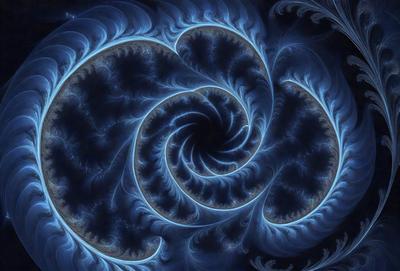 The primary subject of the image is a blue spiral pattern, which appears to be a digital art or illustration. The setting is a dark blue background, creating a contrasting and dramatic effect. The visual style suggests that the image is a creative and artistic representation of a spiral pattern. The colors and mood of the image are predominantly dark and moody, with the blue hue adding a sense of depth and mystery to the scene.