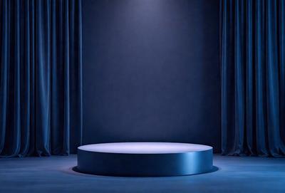 The primary subject of the image is a large, round, blue object, possibly a table or a platform, placed in a dark room. The setting is a dimly lit environment, with a blue curtain in the background. The visual style appears to be a photo, as the image captures the details of the blue object and the surrounding darkness. The colors and mood of the image are predominantly dark and moody, with the blue object standing out against the black background.