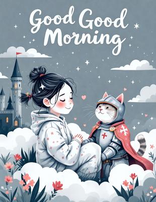 The primary subject of the image is a young girl sitting on the ground, wearing a white hoodie. She is smiling and looking at a cat, which is wearing a knight's costume. The setting is a cloudy sky, and the visual style is a digital art illustration. The colors are predominantly white and gray, with the girl's hoodie being white and the cat's costume being black and white. The overall atmosphere is light-hearted and playful.