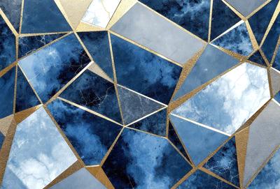 The primary subject of the image is a blue and gold mosaic tile pattern. The setting is a blue and gold marble surface, which serves as the background. The visual style is a combination of digital art and illustration, creating a unique and intricate design. The dominant colors in the image are blue and gold, giving the overall atmosphere a sense of luxury and sophistication.
