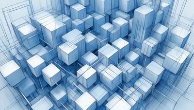 The primary subject of the image is a large, intricate, and detailed design made up of many small, interconnected cubes. The setting is a blue background, which contrasts with the white cubes. The visual style is a combination of digital art and illustration, creating a unique and captivating pattern. The colors and mood of the image are predominantly blue and white, giving it a clean, modern, and sophisticated appearance.