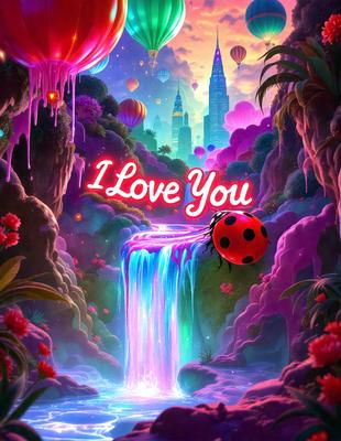 The primary subject of the image is a red ladybug, which is the main focus of the scene. The setting is a colorful, whimsical environment with a waterfall, a cityscape, and a forest. The visual style is a digital art or illustration, creating a vibrant and lively atmosphere. The dominant colors are red, pink, and purple, with the ladybug being the most prominent red object. The overall mood of the image is cheerful, fun, and imaginative.