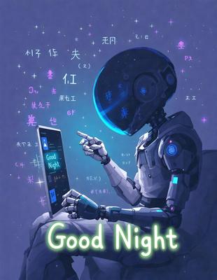 The primary subject of the image is a robot sitting on a chair, holding a tablet computer. The robot is wearing a helmet and appears to be looking at the screen of the tablet. The setting is a dark room, and the visual style is digital art. The colors and mood of the image are predominantly blue and purple, giving it a calm and serene atmosphere.