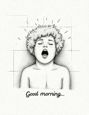 The primary subject of the image is a person with a shaggy haircut, who is yawning and appears to be in a relaxed state. The setting is a bathroom, with a sink visible in the background. The visual style is a black and white drawing, giving the image a classic and timeless feel. The dominant colors are black and white, and the overall atmosphere is one of relaxation and tranquility.