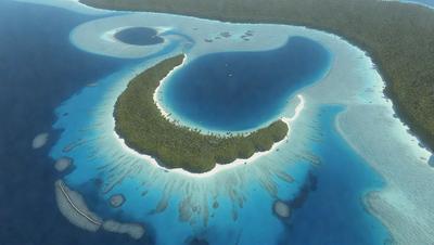 The primary subject of the image is a beautiful tropical island surrounded by crystal blue water. The island is covered in lush green vegetation, and it is located in the middle of a large body of water. The setting is a serene and picturesque tropical environment, perfect for relaxation and leisure. The visual style of the image is a combination of photo and digital art, creating a stunning and realistic representation of the island. The colors and mood of the image are vibrant and inviting, with the blue water and green vegetation creating a sense of tranquility and natural beauty.