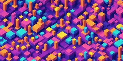 The primary subject of the image is a colorful, geometric pattern made up of various shapes and colors. The setting is a purple background, which adds to the overall visual style. The image is a digital art or illustration, showcasing a creative and vibrant design. The dominant colors are purple, blue, and orange, creating a lively and energetic atmosphere.