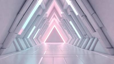 The primary subject of the image is a white and pink triangular pattern. The setting is a white room with a white floor, and the visual style appears to be a digital art or illustration. The dominant colors are white and pink, creating a warm and inviting atmosphere.